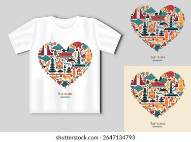 Ilustração em forma de coração da ilha de Bali com ícones culturais tradicionais, templos, animais e natureza tropical. Inclui t shirt mockup. Perfeito para impressões de viagem, lembranças, vestuário e excursão