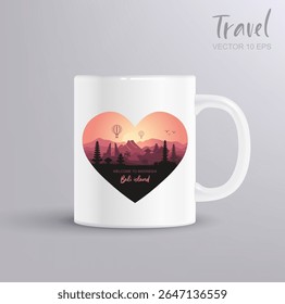 Ilustração vetorial em forma de coração da paisagem do pôr do sol da ilha de Bali com templos, montanhas e balões de ar quente. Inclui caneca mockup. Perfeito para impressões de viagem, lembranças, presentes e design turístico 