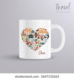 Ilustração vetorial em forma de coração da China com símbolos culturais tradicionais, incluindo dragão, panda, templos, Grande Muralha e caligrafia. Inclui caneca mockup. Perfeito para impressões de viagem, lembranças, gi