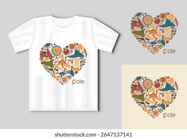 Ilustração vetorial em forma de coração com símbolos tradicionais da Sicília, incluindo comida para o sol Trinacria e pontos de referência. Inclui t shirt mockup. Perfeito para viagem impressões lembranças presentes e turismo design proje