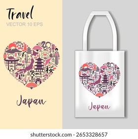 Heart shaped vector with traditional Japanese symbols and tote bag mockup for travel prints, souvenirs, and cultural designs.