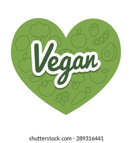 Heart shaped "Vegan" banner with subtle pattern of fruits and vegetables.