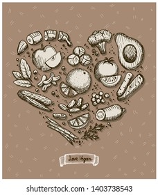 Heart shaped vegetables, fruits and nuts, hand drawn illustration