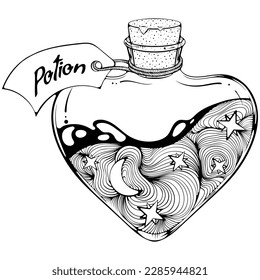 Heart shaped vial with magic liquid or potion and label. Bottle for a poison or alchemy with a cork. Vector illustrations in hand drawn sketch style isolated on white. Black outline graphics for print