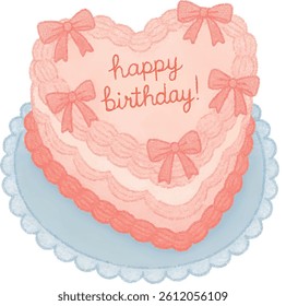 Heart shaped vintage Birthday Cake with pink bows. Pastel aesthetic, cute retro greeting card design