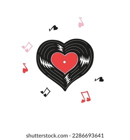 Heart shaped vinyl record groovy hippie design. Love music. Valentines Day graphics. Vector illustration isolated on white.