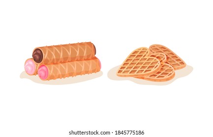 Heart Shaped Waffle with Textured Surface and Stuffed Wafer Rolls Vector Set