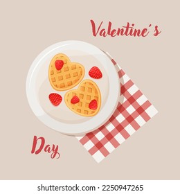 Heart shaped waffles with strawberries. Romantic Valentine's Day breakfast