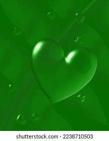 gotas de agua en forma de corazón vectoriales en fondo de hoja verde