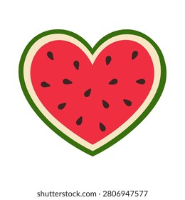Heart shaped watermelon slice with black seeds isolated on white background. Flat hand drawn red summer fruit love icon illustration. Fresh juicy organic sweet product single object