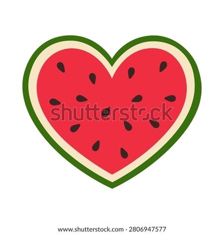 Heart shaped watermelon slice with black seeds isolated on white background. Flat hand drawn red summer fruit love icon illustration. Fresh juicy organic sweet product single object