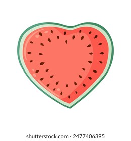 Heart shaped watermelon slice with vibrant green rind and red flesh with black seeds. Flat vector illustration of romantic dessert for Valentines day. Summer fruit for menu, icon, logo, postcard.