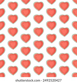 Heart shaped watermelon slices seamless pattern. Summer fruit vector illustration. Tropical fruit background for Valentines day, baby fabric, kids textile, packaging, wrapping, scrapbook, wallpaper.