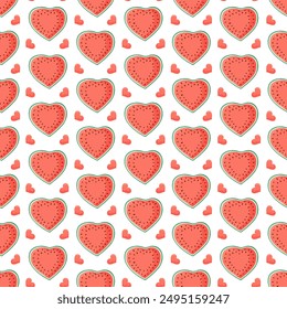 Heart shaped watermelon slices seamless pattern. Summer fruit vector illustration. Tropical fruit background for Valentines day, baby fabric, kids textile, packaging, wrapping, scrapbook, wallpaper.