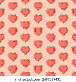 Heart shaped watermelon slices seamless pattern. Summer fruit vector illustration. Tropical fruit background for Valentines day, baby fabric, kids textile, packaging, wrapping, scrapbook, wallpaper.