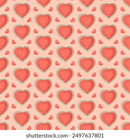 Heart shaped watermelon slices seamless pattern. Summer fruit vector illustration. Tropical fruit background for Valentines day, baby fabric, kids textile, packaging, wrapping, scrapbook, wallpaper.