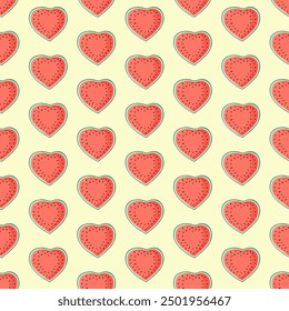 Heart shaped watermelon slices seamless pattern. Summer fruit vector illustration. Tropical fruit background for Valentines day, baby fabric, kids textile, packaging, wrapping, scrapbook, wallpaper.