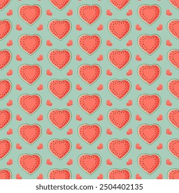 Heart shaped watermelon slices seamless pattern. Summer fruit vector illustration. Tropical fruit background for Valentines day, baby fabric, kids textile, packaging, wrapping, scrapbook, wallpaper.