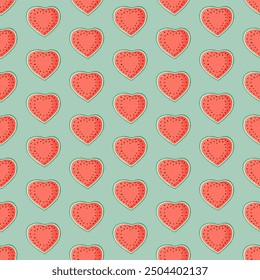 Heart shaped watermelon slices seamless pattern. Summer fruit vector illustration. Tropical fruit background for Valentines day, baby fabric, kids textile, packaging, wrapping, scrapbook, wallpaper.