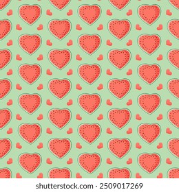 Heart shaped watermelon slices seamless pattern. Summer fruit vector illustration. Tropical fruit background for Valentines day, baby fabric, kids textile, packaging, wrapping, scrapbook, wallpaper.