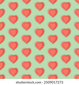 Heart shaped watermelon slices seamless pattern. Summer fruit vector illustration. Tropical fruit background for Valentines day, baby fabric, kids textile, packaging, wrapping, scrapbook, wallpaper.