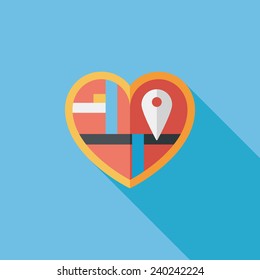 heart shaped wedding invitation flat icon with long shadow,eps10, wedding ceremony destination on invitation