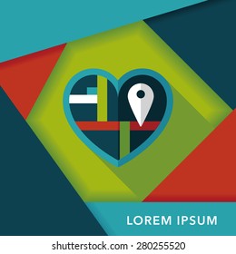 heart shaped wedding invitation flat icon with long shadow,eps10, wedding ceremony destination on invitation