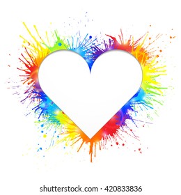 Heart shaped white cutout for text in rainbow paint splashes background.  Vector illustration.