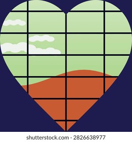 Heart shaped window view of a landscape with clouds and hills.