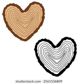 Heart shaped wood slice vector illustration. Tree rings illustration set design