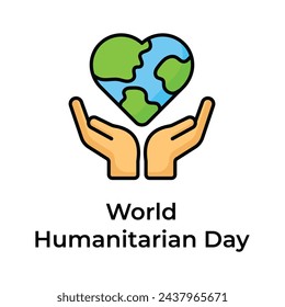 Globo del mundo en forma de corazón en las manos que representa el icono conceptual del día mundial humanitario