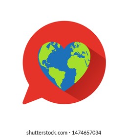 A heart shaped world globe symbol with speech balloon. Love travel, nature, environment concept design