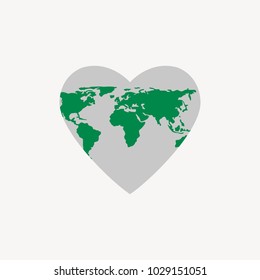 Heart shaped world map green ecological icon illustration