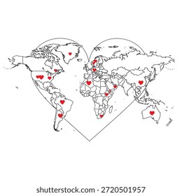 Um coração em forma de mapa do mundo com corações vermelhos em vários continentes isolados em