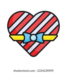 Heart shaped wrapped box of chocolate with ribbon bow, flat vector of chocolate gift