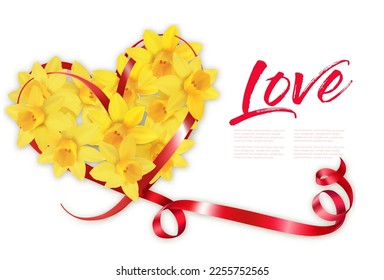 Heart Shaped Yellow Narcissus Flowers with a red ribbon. Holiday Valentine's Day background. Vector illustration