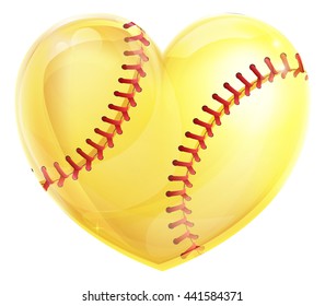 A heart shaped yellow softball ball concept for a love of the game of softball