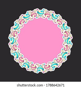 Heart shaped yummy desserts in round frame with space for text isolated on dark background. Colorful vector illustration for Valentine’s Day, birthday party, wedding, food fests and other designs.