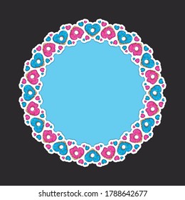 Heart shaped yummy desserts in round frame with space for text isolated on dark background. Colorful vector illustration for Valentine’s Day, birthday party, wedding, food fests and other designs.