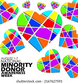 Heart shapes with abstract colors with bold text on white background, a symbol to commemorate National Minority Donor Awareness Week August 1-7