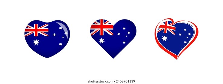Heart shapes with Australian flag. Creative collection. Set of buttons. Icon concept. Happy Australia day decoration. Welcome to Australia, welcome to Sydney sign. Sports or travel logo design.