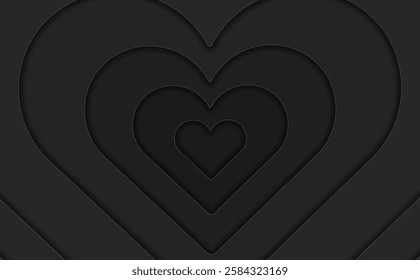 Heart shapes black background. A dark grey background with hearts. Dark hearts paper cutout background. Hearts layers with shadows in black. 