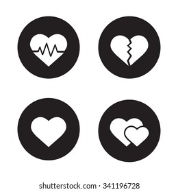 Heart shapes black icons set. EKG symbol, broken heart with crack, love sign, two sweethearts. Cardiology center, heart attack, heartbeat rhythm. White silhouettes illustrations. Vector logo concepts