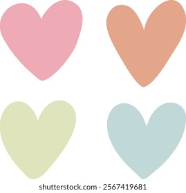 Heart shapes in bright and soft, pastel rainbow colors, flat style simple vector object design icon for pride month, romance, equality, celebration every gender. Graphic design isolated on white.