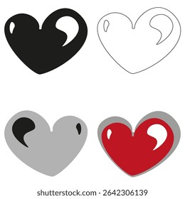 Heart shapes collection. Love symbol variety. Black red gray hearts. Vector illustration set.