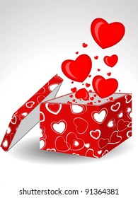Heart shapes coming out form open gift box decorated with abstract heart shape cover in red color on isolated background for Valentines Day.