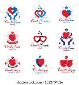 Heart shapes composed using pulsating electrocardiograms and futuristic mesh connections. Cardio center graphic vector logotypes collection for use in pharmacy.