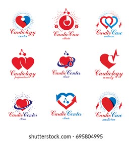 Heart shapes composed using pulsating electrocardiograms and futuristic mesh connections. Cardio center graphic vector logotypes collection for use in pharmacy.