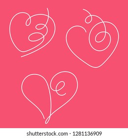 Heart shapes continuous line drawing with editable stroke vector illustration set -isolated single outline symbol of romance and love or healthcare and charity concept.