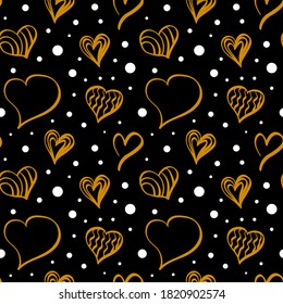 Heart shapes dark seamless pattern. Doodle romantic drawings for valentine day decoration. Vector illustration.